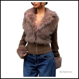 Faux Fur Zip Jacket Slim Fit Fuzzy Collared Outerwear Winter Coat Chic